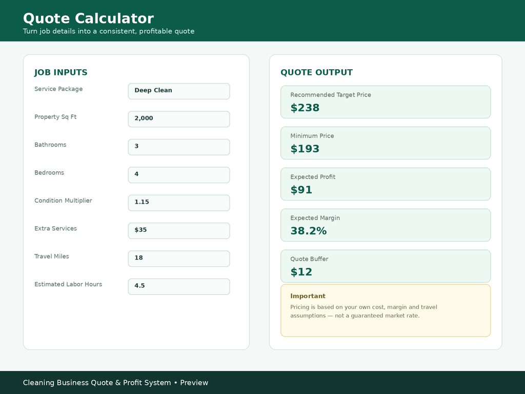 Cleaning Business Quote Calculator — instant price and margin output