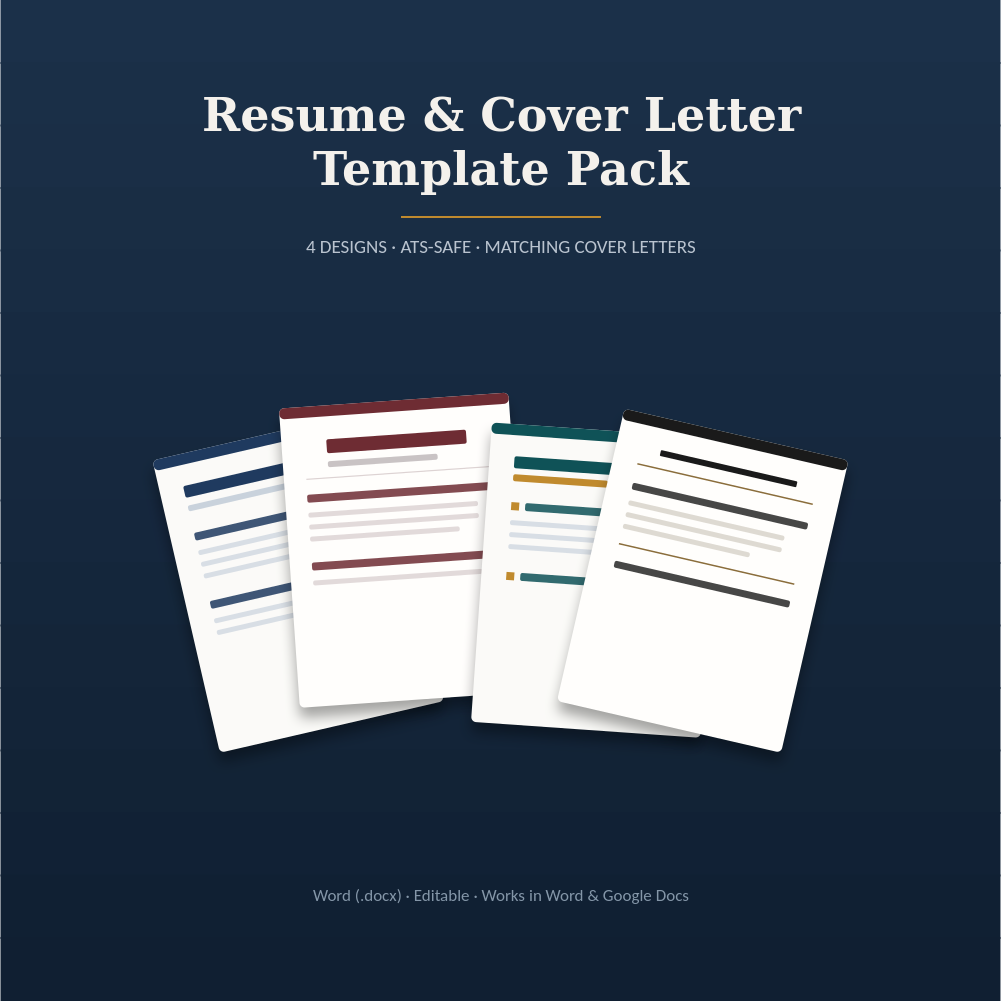 Resume & Cover Letter Template Pack — 4 ATS-safe designs with matching cover letters
